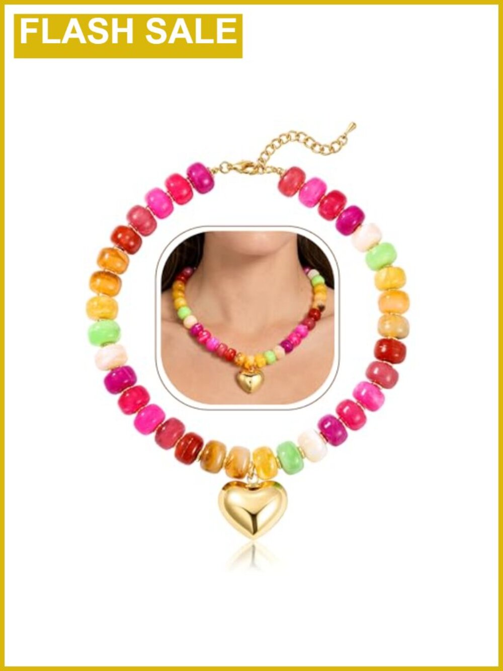 Resin Beaded Choker Necklace with Puffy Gold Heart Gold Plated Lobster Clasp